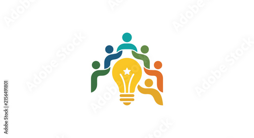 Group of people icons supporting a central lightbulb.