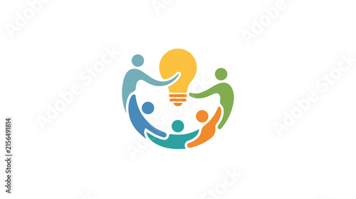 Group of people lifting a bright lightbulb idea icon