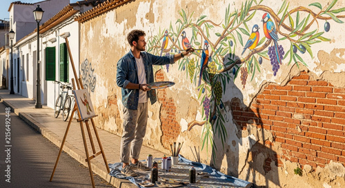 An artist paints a large mural of a natural landscape on the exterior wall of a building on the sidewalk.