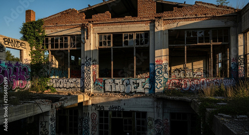 abandoned or damaged buildings with graffiti on their exterior walls