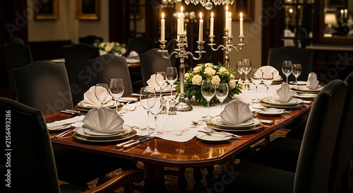 A classic and luxurious formal dining table layout that is usually used for formal dinner parties.