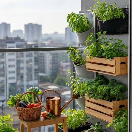 Urban balcony garden with fresh herbs and vegetables in planters