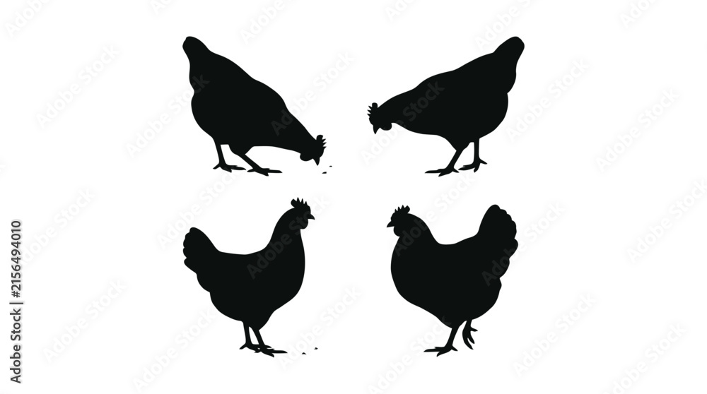Fototapeta premium Minimalist black chicken vector graphic illustration featuring multiple poultry silhouettes arranged neatly for professional farm branding and creative agricultural projects