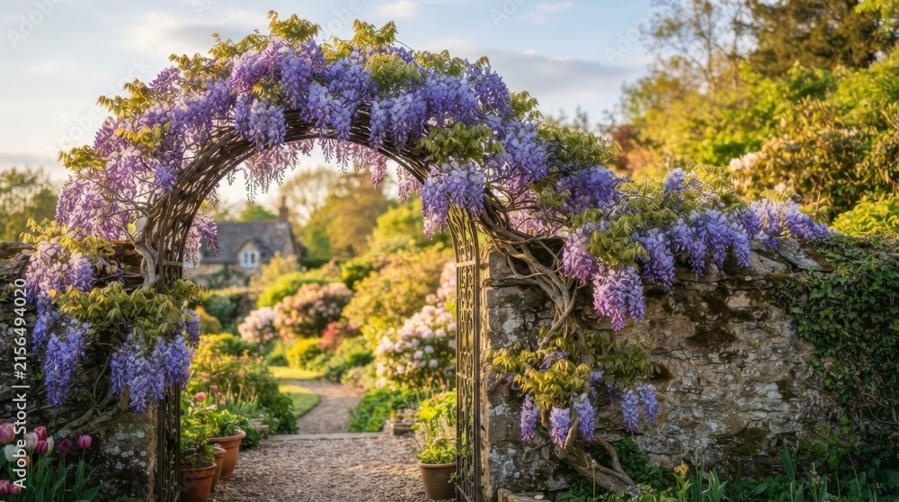 Obraz premium Stone Garden Arch Covered With Purple Wisteria and Spring Flowers