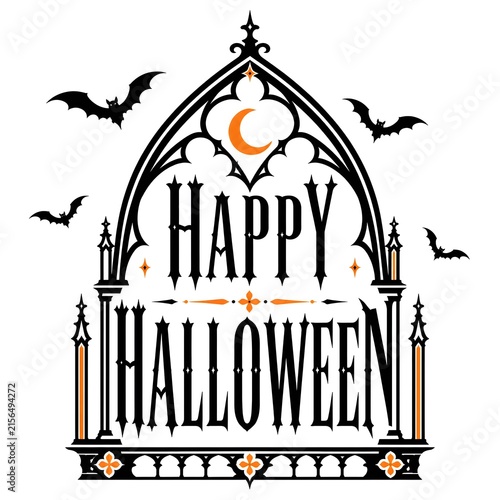 happy halloween text with haunted house