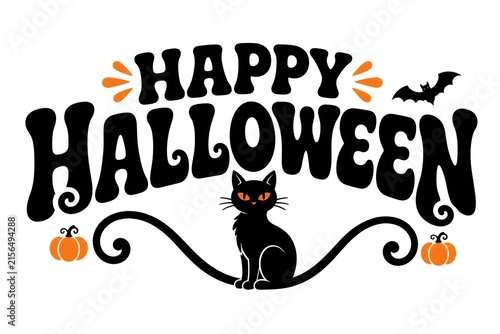 Happy halloween typography design with black cat