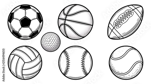 Set of six hand-drawn sports balls including soccer, basketball, volleyball, tennis, baseball, and rugby ball vector illustration