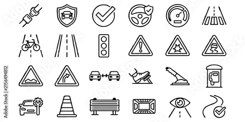 A comprehensive collection of black and white line art icons representing various road traffic and driving safety symbols