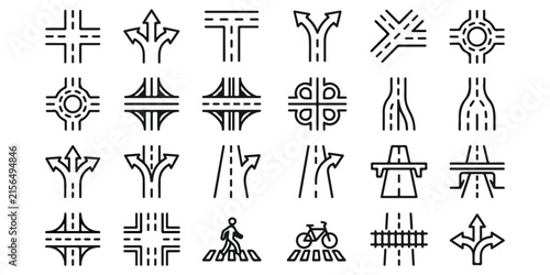 Set of various road intersection and highway junction icons featuring different traffic layouts and transport infrastructure design elements