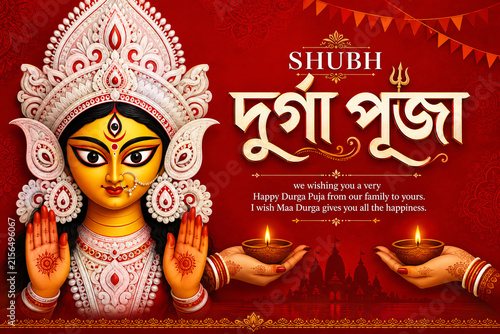 Happy Durga Puja festive greeting with Goddess Durga, glowing diyas and traditional Bengali celebration design