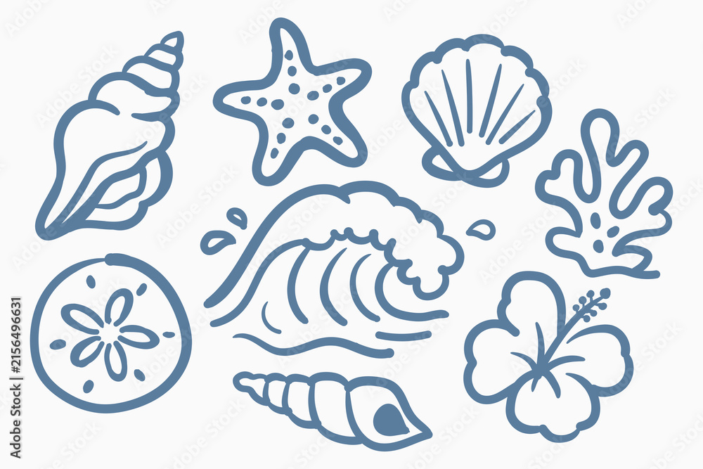 Fototapeta premium Hand Drawn Tropical Beach and Ocean Doodle Collection Featuring Seashells, Starfish, Coral Reef, Sand Dollar, Waves and Coastal Vacation Elements