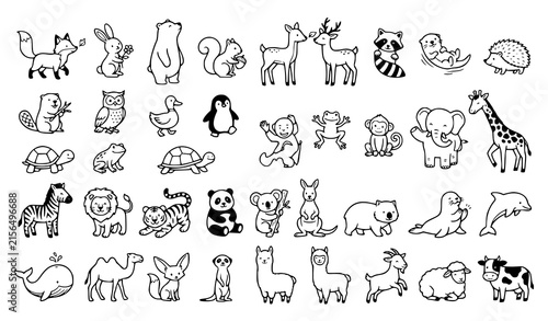 Canvas Print Cute wild animals, woodland creatures, safari fauna, and domestic species line a