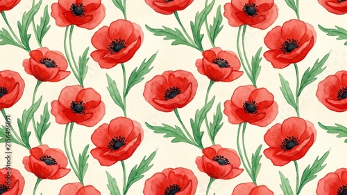 Vibrant watercolor poppy flower seamless pattern, red blossoms with green leaves on a light cream background, hand-painted floral design for textiles and digital paper