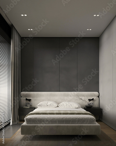 Obraz na plátne Minimalist modern bedroom featuring a soft upholstered bed, dark gray wall panels, integrated ambient lighting and neutral bedding in a sophisticated residential interior