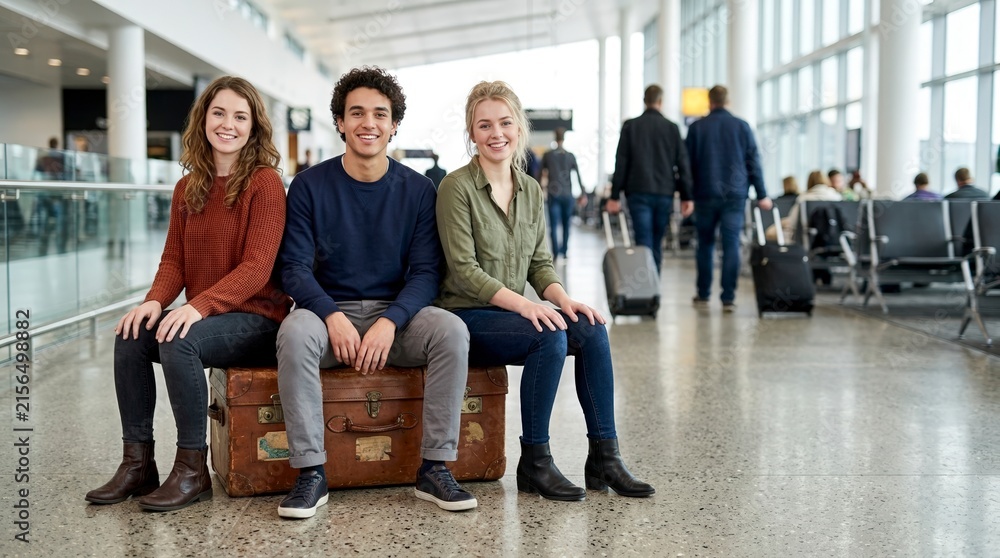 Fototapeta premium Three young adults sitting on a vintage suitcase in an airport terminal. Smiling friends waiting for departure with retro luggage. Group travel and vacation concept