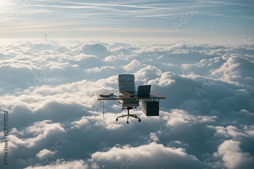 Office Desk Floating Above Clouds