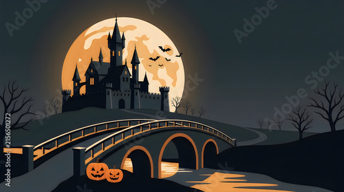 Spooky Halloween castle under a full moon, haunted gothic fortress with stone bridge, eerie night landscape with pumpkins and bats isolated on White Background