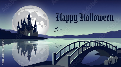 Spooky Halloween night landscape with haunted castle, full moon reflecting in water, gothic bridge and pumpkins isolated on White Background