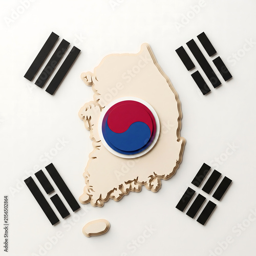 Wooden Korea Map With Taegeukgi Flag Elements. Korean Geography Wood Cutout. White Background Flat Lay Composition. National Identity Concept.
