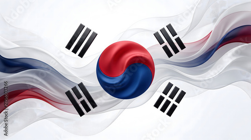 South Korea Flag, Waving Ribbon Banner Design. 3D Vector Abstract Background Illustration With Red Blue White Colors.