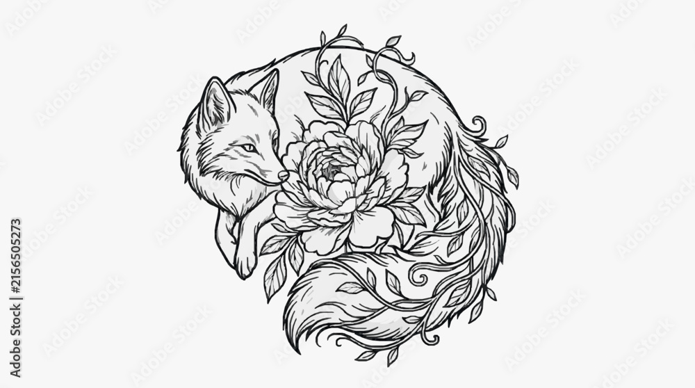 Fototapeta premium Fox and Peony Flower Vector Tattoo Design Line Art