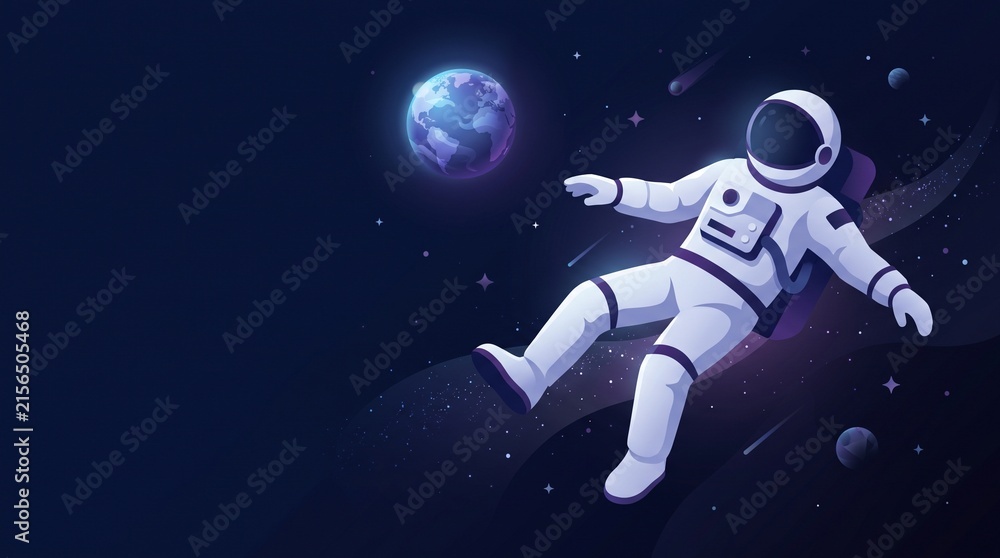 Naklejka premium Astronaut floating gracefully in the vast, star-filled cosmos near a glowing planet, symbolizing cosmic exploration and the wonder of space travel