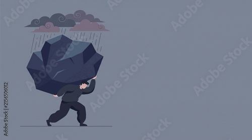 Man carrying heavy rock under rain cloud symbolizing life stress and mental burden