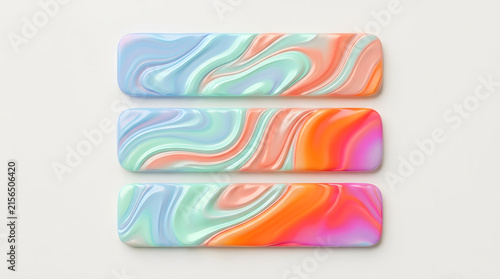 Abstract liquid marble rectangular banners set, colorful pastel swirl texture rounded buttons isolated on white background