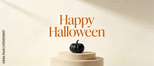 Minimalist Happy Halloween text with a small black pumpkin on a pedestal.