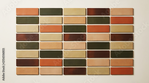 Earthy tone terracotta ceramic tiles layout, rectangular clay brick samples set in olive green beige and rust colors