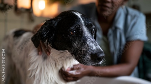 A person gently washing a black and white dog with soapy water in a warm lit indoor setting