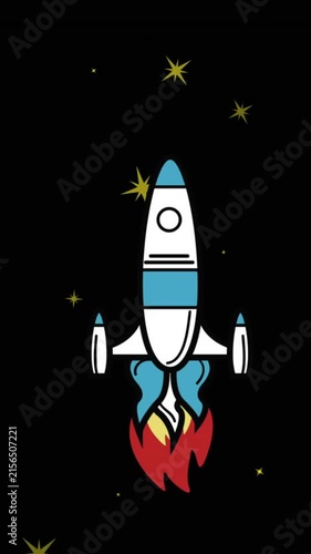 Animation of space rocket flying in space over stars on black background