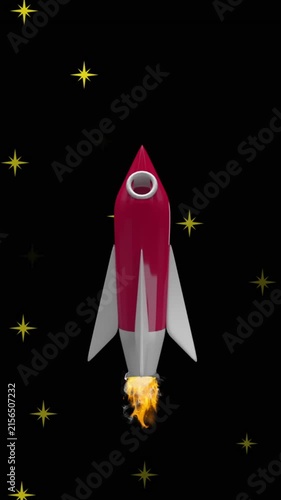 Animation of space rocket flying in space over stars on black background