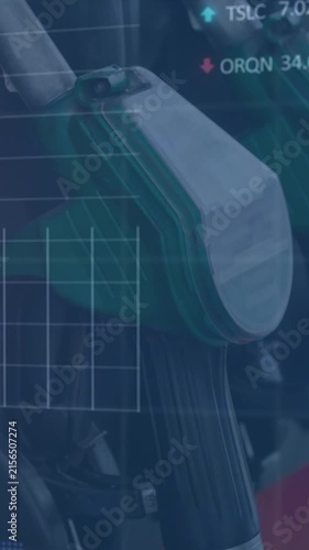 Animation of moving financial data processing over gus pump at gas station