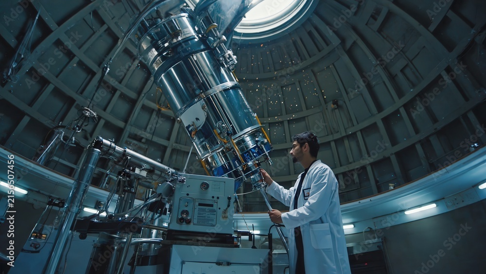 Naklejka premium Researcher Operating Large Telescope Inside Observatory