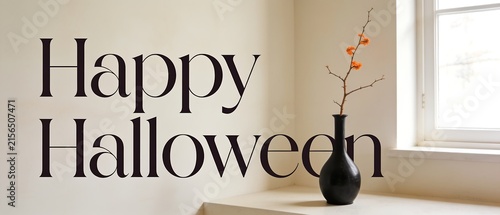 Happy Halloween text with vase and window in background.