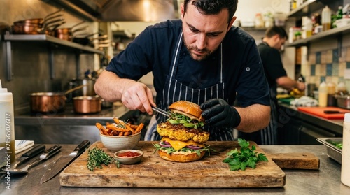 chef preparing gourmet cauliflower burger on wooden board in kitchen