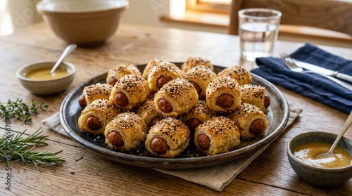 golden brown pigs in blanket with sesame seeds on surface