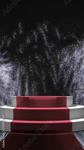 Animation of white fireworks over steps at red carpet venue, on black background