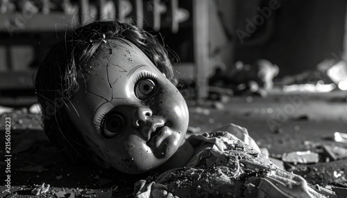 Close-up monochrome shot of a creepy, cracked, old porcelain doll lying on a debris-strewn floor in an abandoned building, evoking horror and decay.