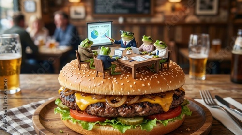 miniature frogs having business meeting on huge burger surreal concept