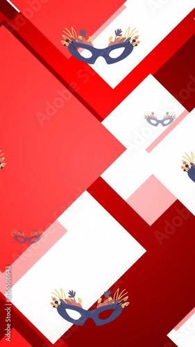 Animation of grey masquerade masks on red and white abstract background