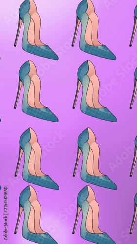 Animation of blue high heeled shoes repeated and moving on purple background