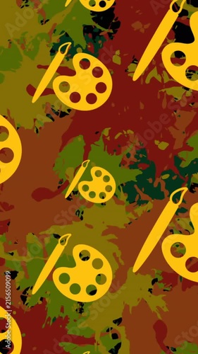 Animation of colour palette icons over colourful stains on black background