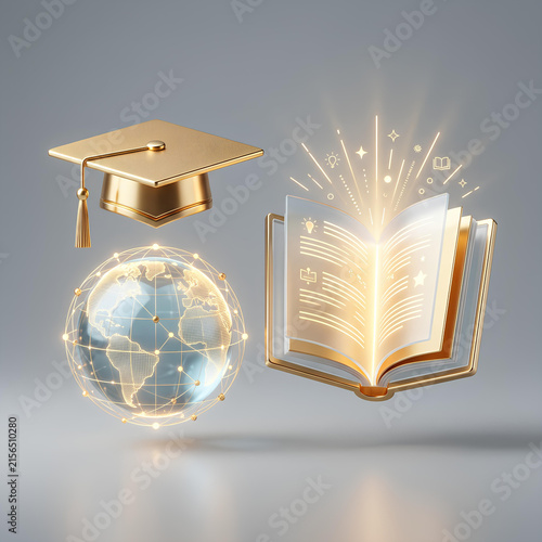 Graduation cap with digital globe and glowing book.