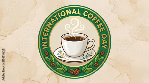 International Coffee Day logo emblem on textured background.