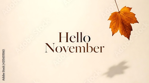 Hello November text with falling autumn leaf and shadow.