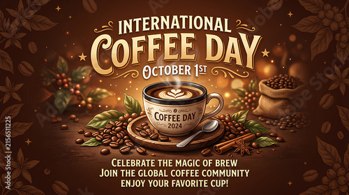 International Coffee Day promotional banner with cup and beans.