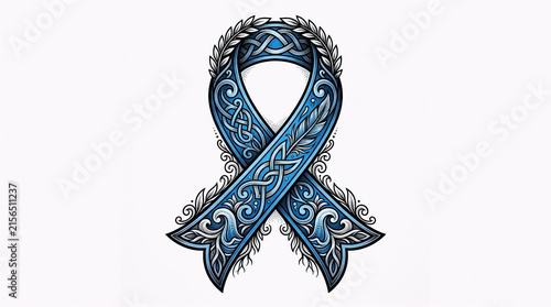 Decorative blue prostate cancer awareness ribbon with intricate Celtic-inspired patterns isolated on a white background