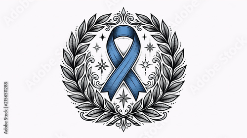 Decorative blue prostate cancer awareness ribbon with intricate Celtic-inspired patterns isolated on a white background
